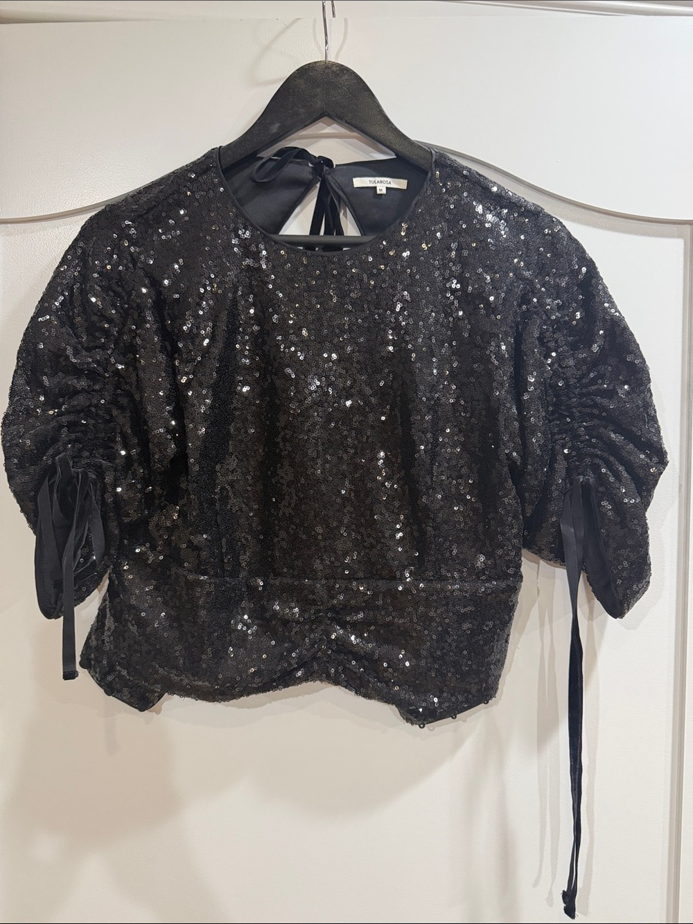 Tularosa Black Sequin Puff-Sleeve Tie-Back Top